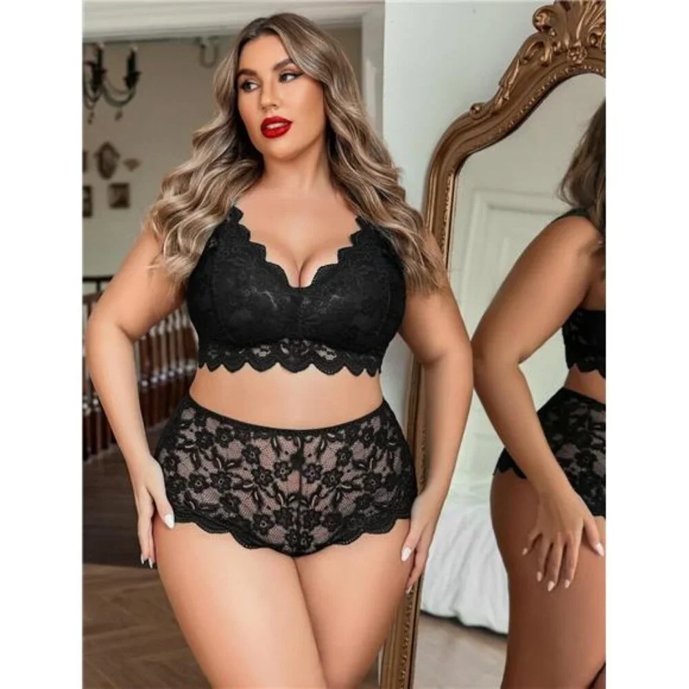 Luxe Plus Size Lingerie Set: Sexy Lace Halter Bralette & High-Waist Panty NWT - Picture 3 of 7